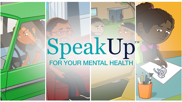 Four separate icons of people looking sad with the text speak up for your mental health across the center.