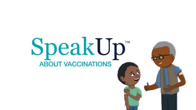 An old man speaking to a young boy with text reading speak up about vaccinations next to them.