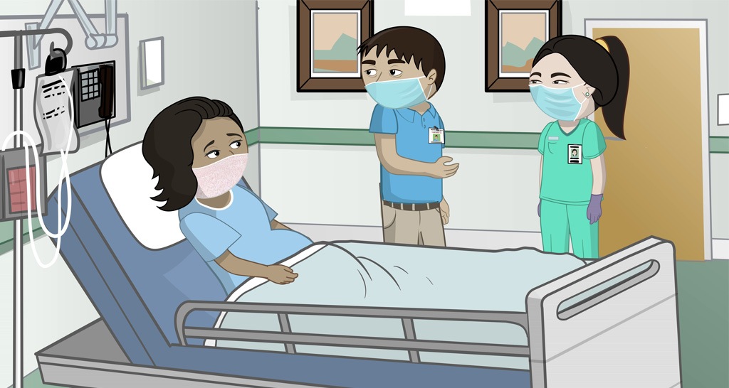 An image of a cartoon hospital room where a female patient is in the bed while a man and a nurse are talking.