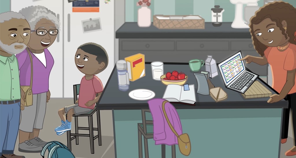 Image of a cartoon family in a kitchen.